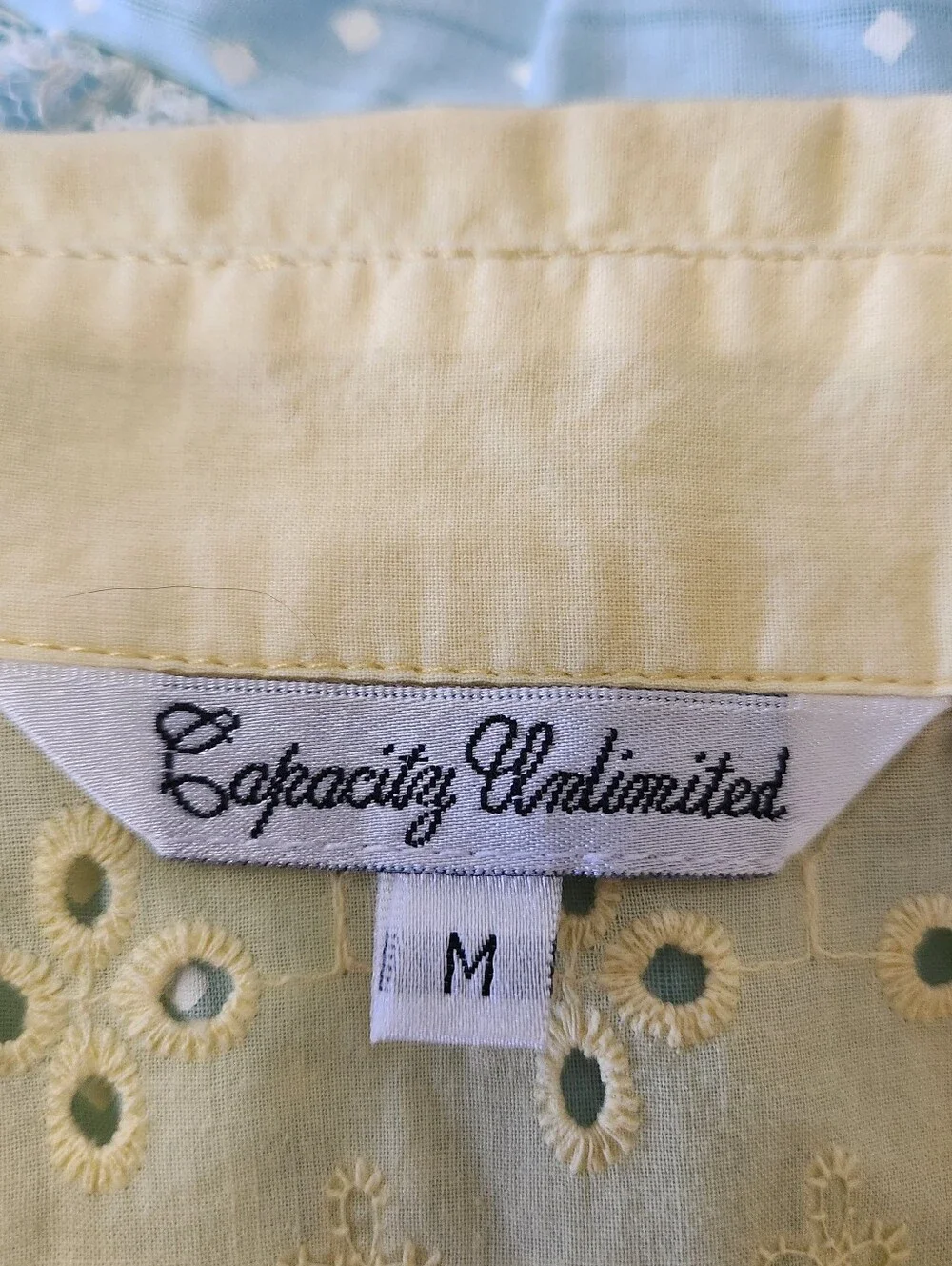 Yellow Eyelet 100% Cotton Short Sleeve Button Up Shirt Lined Floral Embroidered